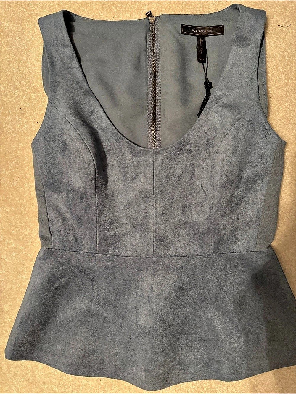BCBGMAXAZRIA Cladiana Faux Suede Peplum Top Gray Medium